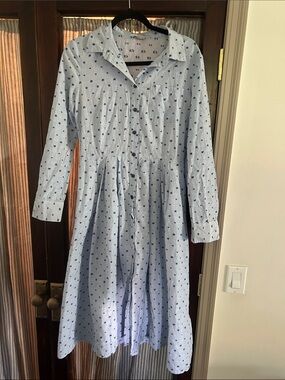 Daniel Cremieux Light Blue Button-Front Midi Dress with Navy Dot Print